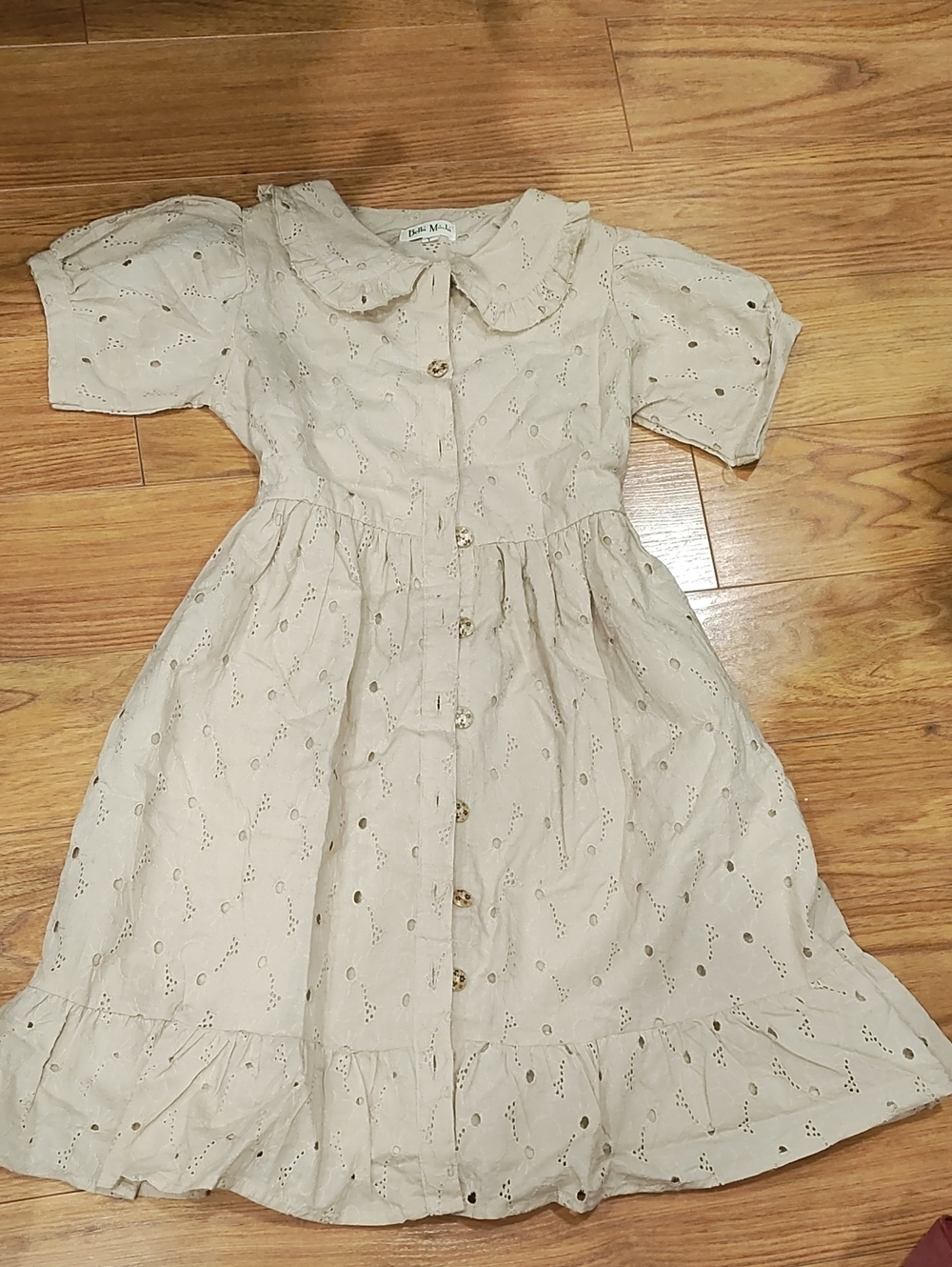 Peter Pan Collar Eyelet Button-Front Kids Dress in Cream